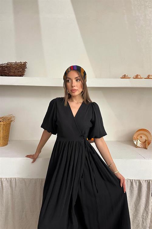 Toptan Siyah Müslin Uzun Elbise