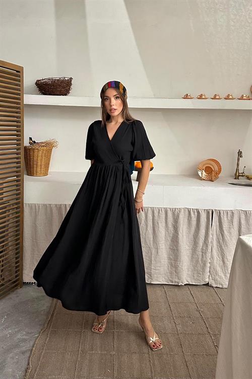 Toptan Siyah Müslin Uzun Elbise