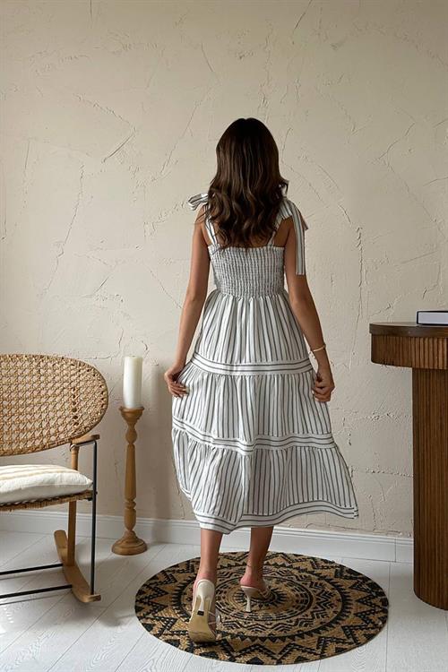 Toptan Siyah Omuzdan Bağlamalı Çizgili Elbise