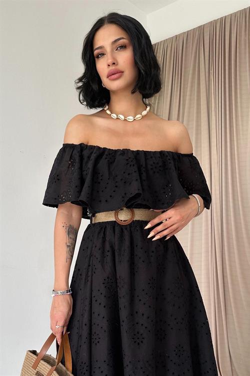 Wholesale Black Embroidered Dress with Elasticated Shoulders