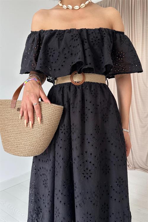 Wholesale Black Embroidered Dress with Elasticated Shoulders