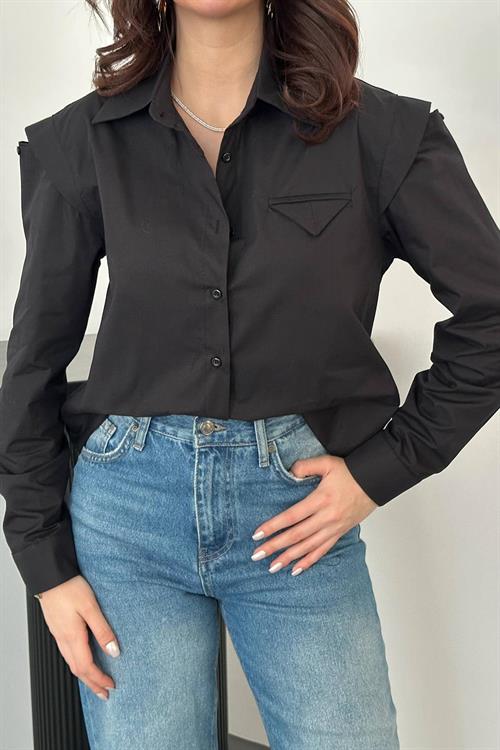 Wholesale Black Poplin Shirt with Flap Pocket