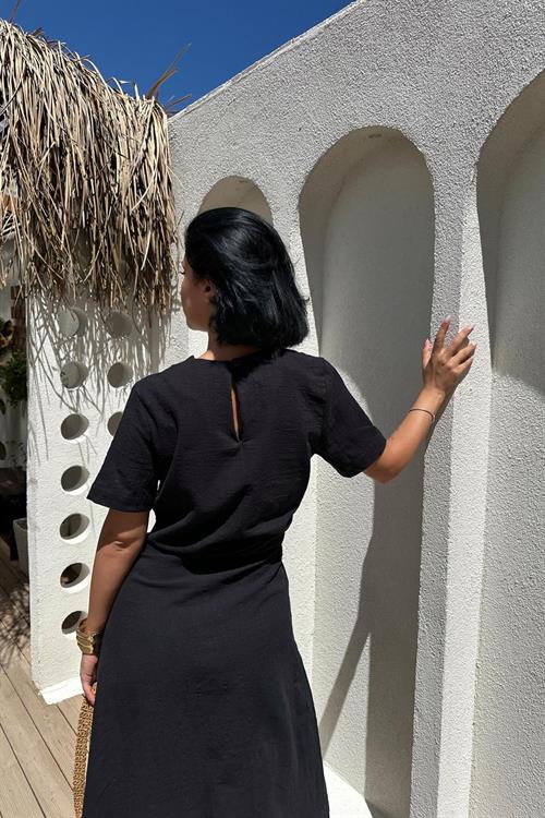 Toptan Siyah Pileli Bisiklet Yaka Elbise