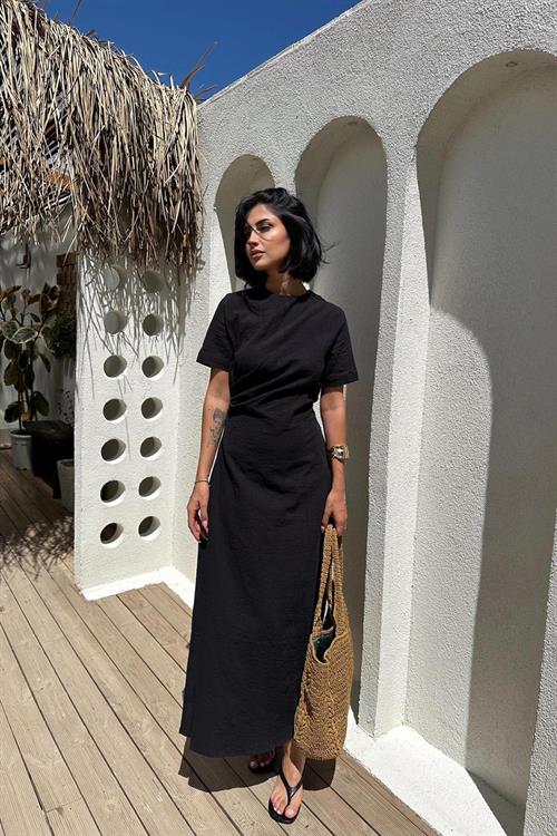 Toptan Siyah Pileli Bisiklet Yaka Elbise