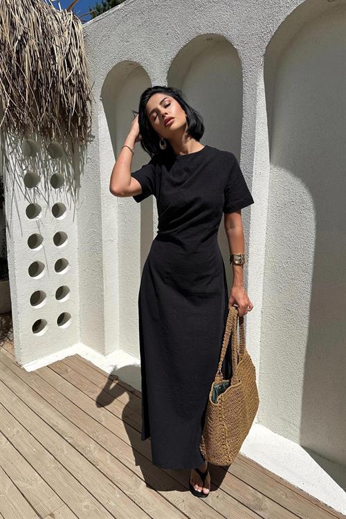 Toptan Siyah Pileli Bisiklet Yaka Elbise