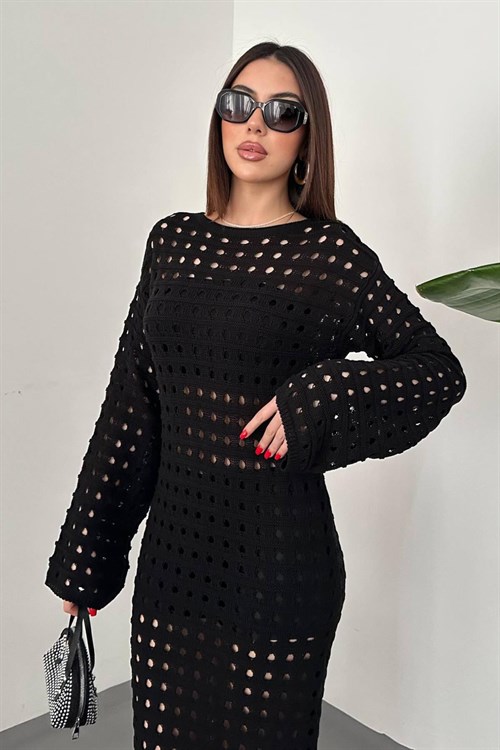 Toptan Siyah Pitikare Triko Elbise