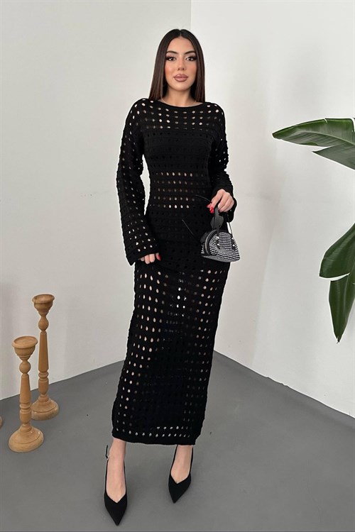 Toptan Siyah Pitikare Triko Elbise
