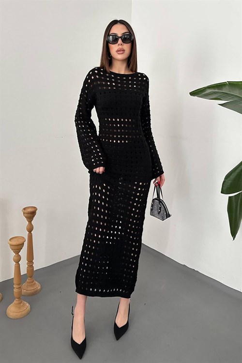 Toptan Siyah Pitikare Triko Elbise