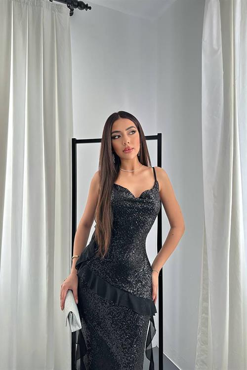 Wholesale Black Sequin Dress with Chiffon Ruffle