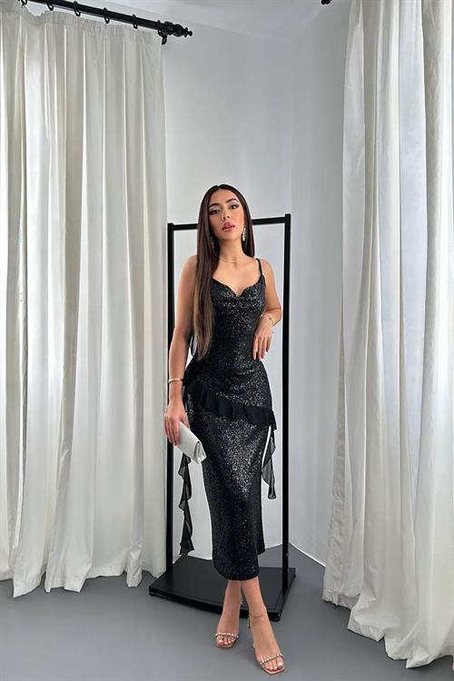 Wholesale Black Sequin Dress with Chiffon Ruffle