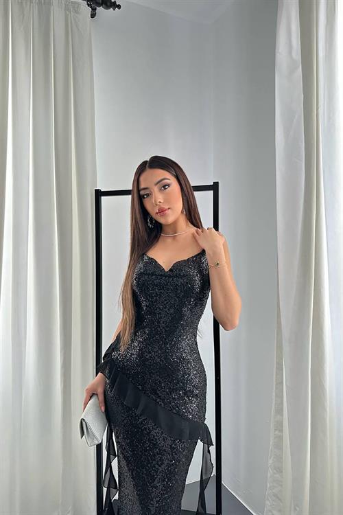 Wholesale Black Sequin Dress with Chiffon Ruffle