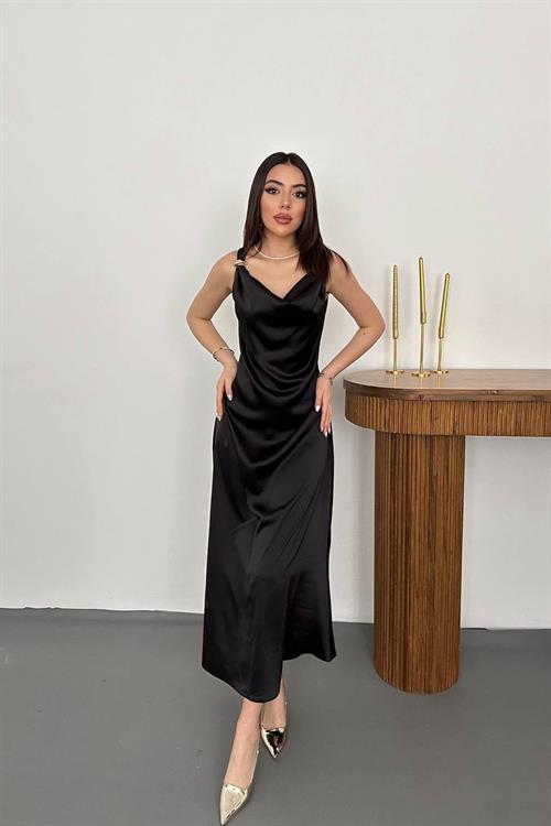 Wholesale Black Satin Cowl-Neck Dress with Buckled Shoulders