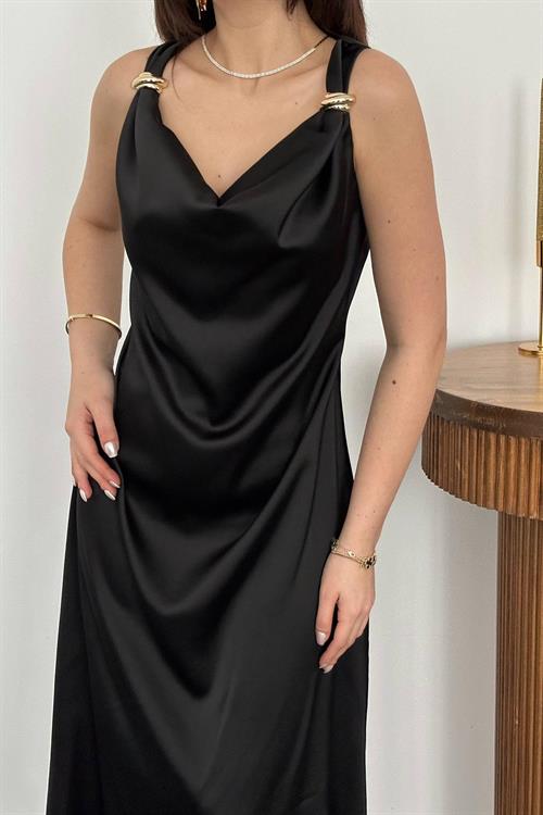 Wholesale Black Satin Cowl-Neck Dress with Buckled Shoulders