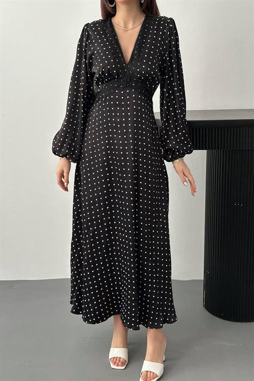 Toptan Siyah Saten Puantiyeli Dantel Detaylı Elbise