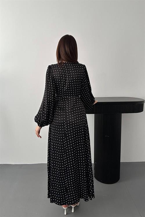 Toptan Siyah Saten Puantiyeli Dantel Detaylı Elbise