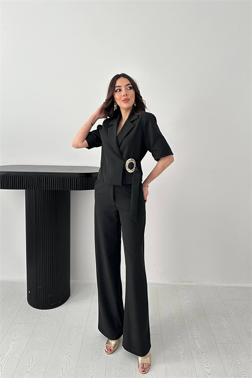 Wholesale Black Buckled Jacket and Straight Trousers Suit