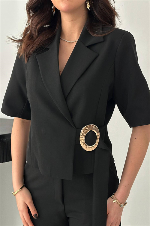 Wholesale Black Buckled Jacket and Straight Trousers Suit