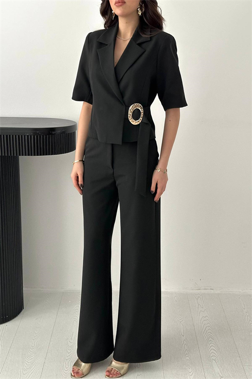 Wholesale Black Buckled Jacket and Straight Trousers Suit