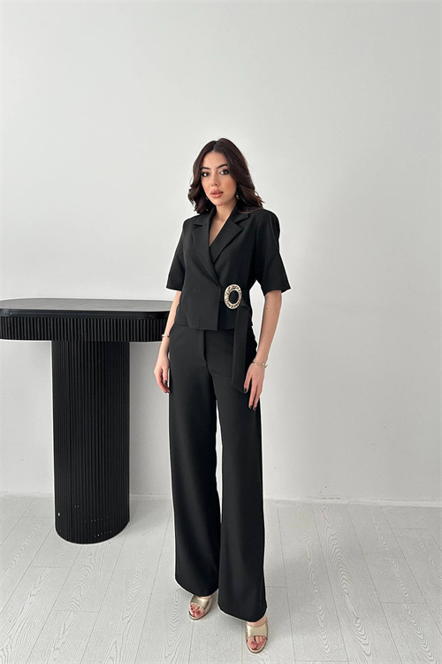 Wholesale Black Buckled Jacket and Straight Trousers Suit