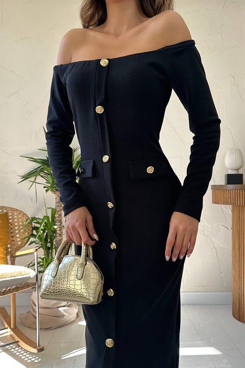 Wholesale Black Knitted Dress with Gold Buttons