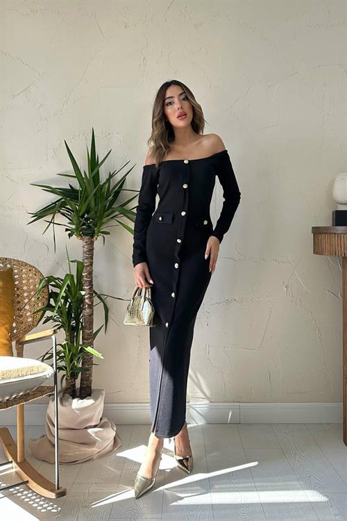 Wholesale Black Knitted Dress with Gold Buttons