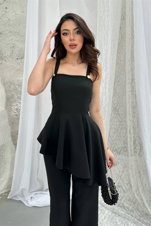 Toptan Siyah Volanlı Bluz Ve Pantolon Takım