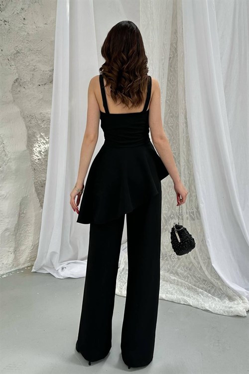 Toptan Siyah Volanlı Bluz Ve Pantolon Takım