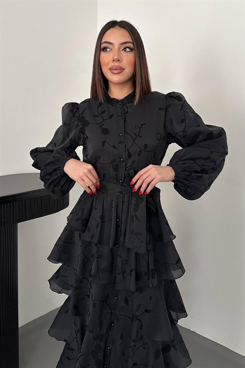 Toptan Siyah Volanlı Kat Kat Elbise