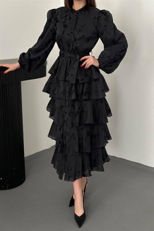 Toptan Siyah Volanlı Kat Kat Elbise