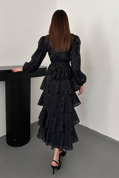 Toptan Siyah Volanlı Kat Kat Elbise