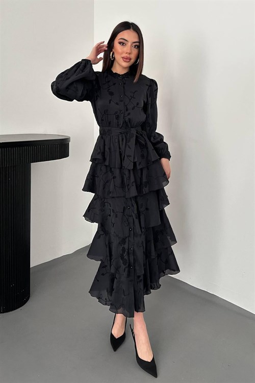 Toptan Siyah Volanlı Kat Kat Elbise