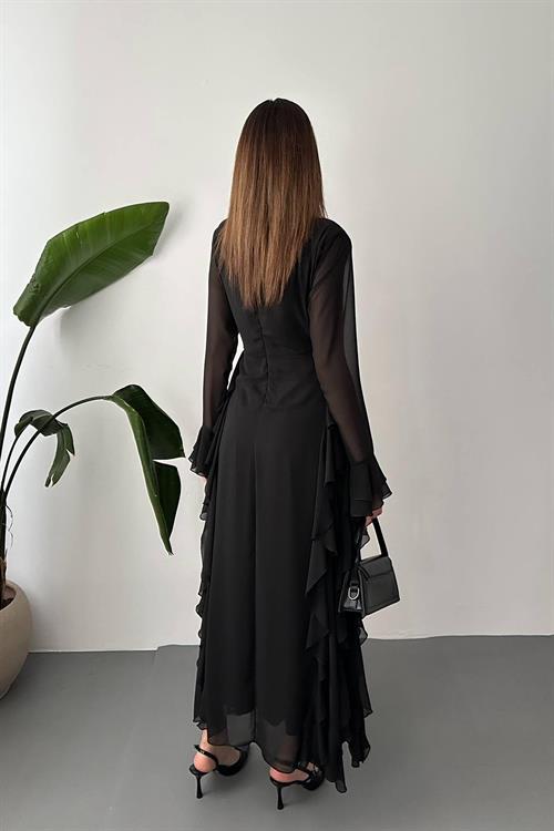 Toptan Siyah Volanlı Şifon Elbise