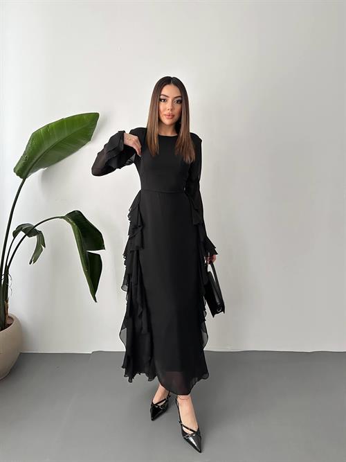 Toptan Siyah Volanlı Şifon Elbise