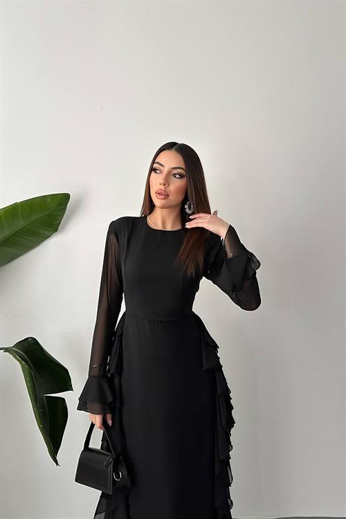 Toptan Siyah Volanlı Şifon Elbise