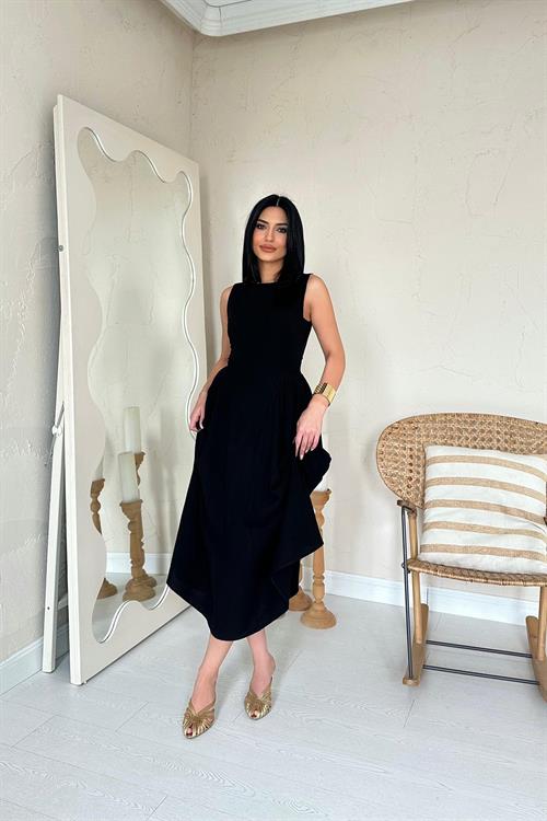 Toptan Siyah Yanları Büzgülü Midi Boy Keten Elbise