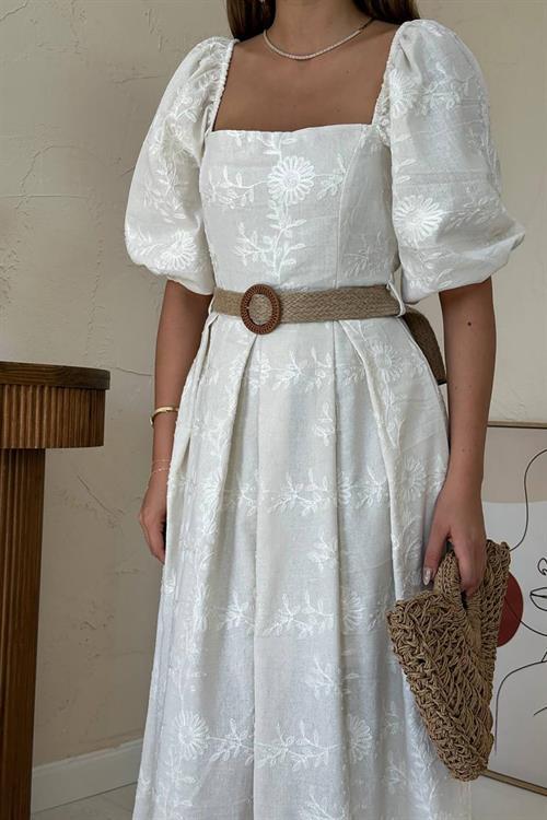 Wholesale Stone Balloon Sleeve Embroidery Dress
