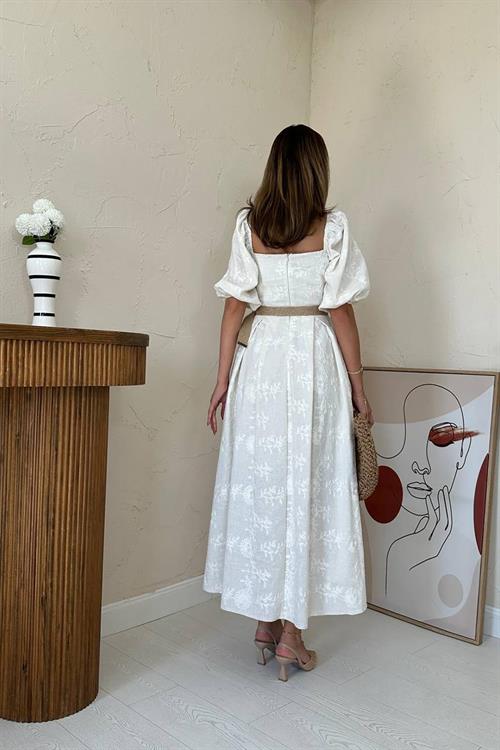 Wholesale Stone Balloon Sleeve Embroidery Dress