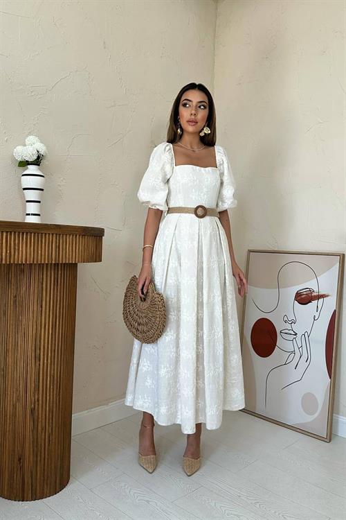 Wholesale Stone Balloon Sleeve Embroidery Dress