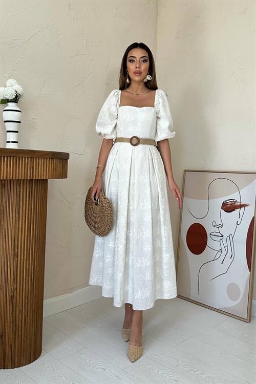 Wholesale Stone Balloon Sleeve Embroidery Dress