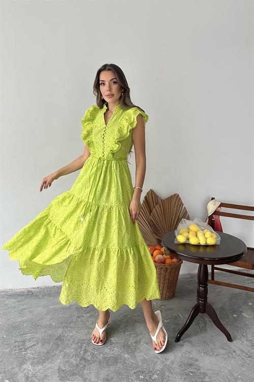 Toptan Yağ Yeşili Fırfırlı Düğmeli Elbise