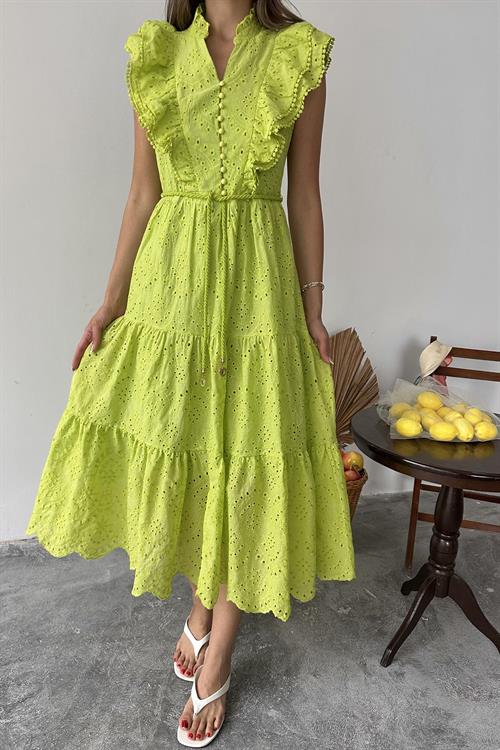 Toptan Yağ Yeşili Fırfırlı Düğmeli Elbise