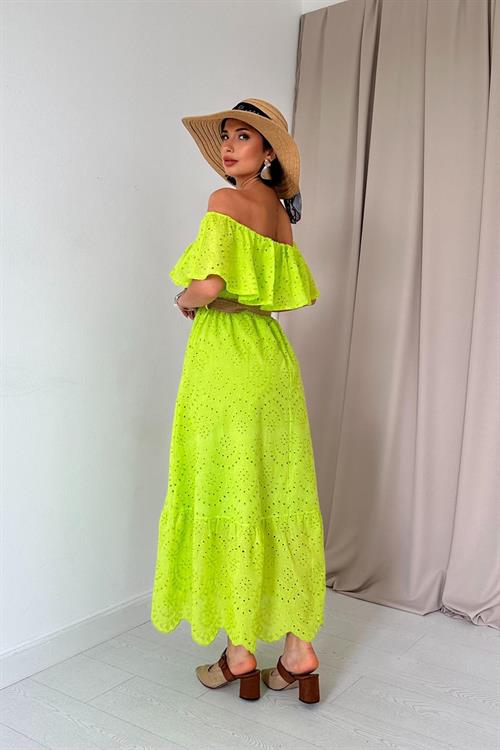 Wholesale Olive Green Embroidered Dress with Elasticated Shoulders