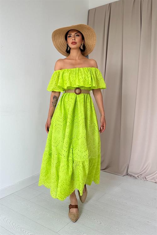 Wholesale Olive Green Embroidered Dress with Elasticated Shoulders