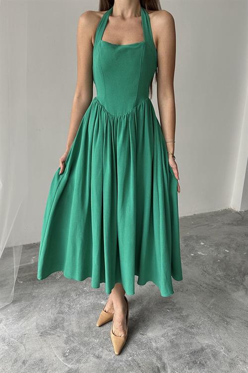 Toptan Yeşil Boyundan Bağlamalı Keten Elbise