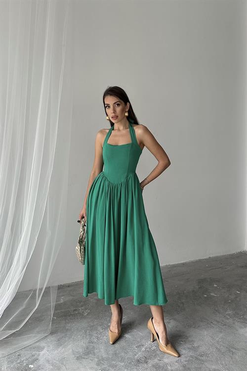 Toptan Yeşil Boyundan Bağlamalı Keten Elbise