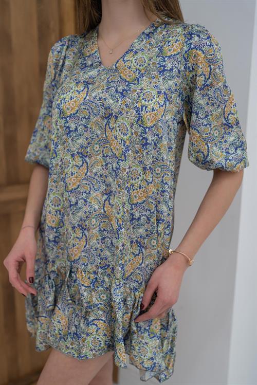 Toptan Yeşil Desenli Saten Elbise