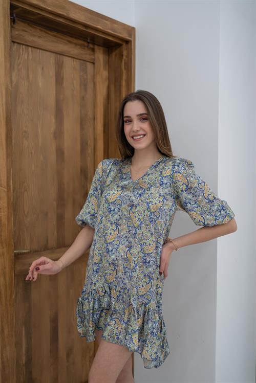 Toptan Yeşil Desenli Saten Elbise