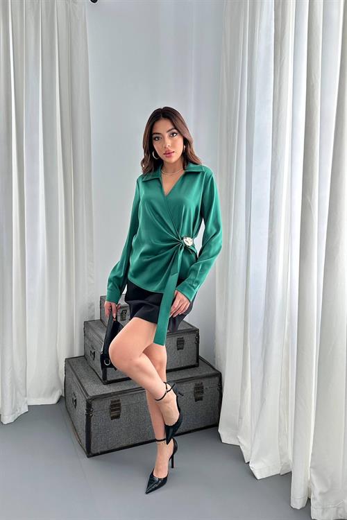 Wholesale Green Satin Blouse with Gold Accessory