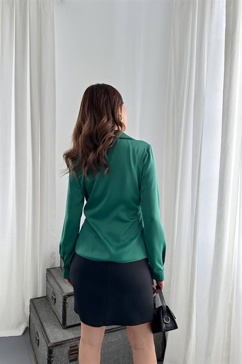 Wholesale Green Satin Blouse with Gold Accessory