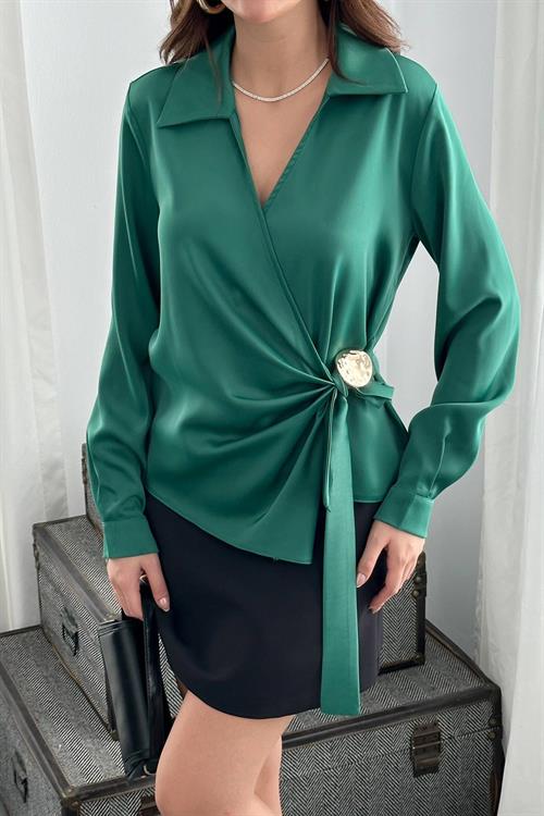 Wholesale Green Satin Blouse with Gold Accessory